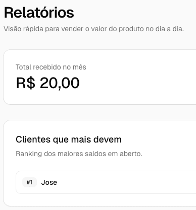 Tela de relatórios com total recebido no mês e ranking de clientes